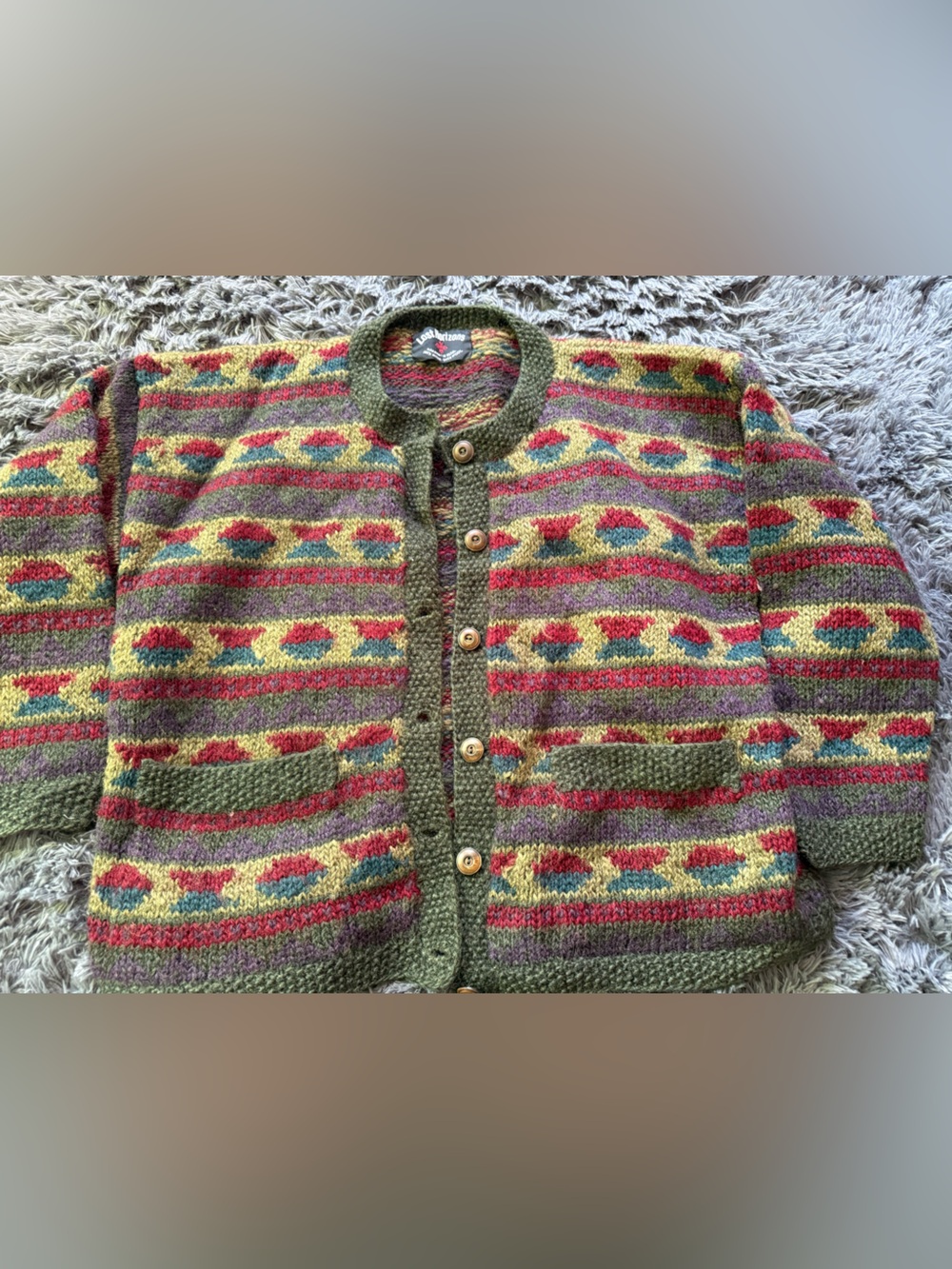 Handknit Multicolor Patterned Cardigan - Olive, Red, Yellow